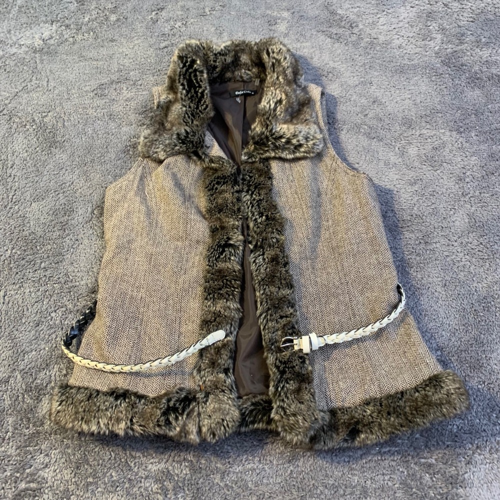 Y2K Dolce Cabo Womens Brown Herringbone Faux Fur Trim‎ Belted Vest Size Medium